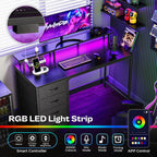 Huuger 47 Inch Computer Desk with Power Outlets and LED Lights, Gaming Desk with 4 Drawers, Office Desk with Monitor Stand, Study Work Home Office, Small Spaces, Black
