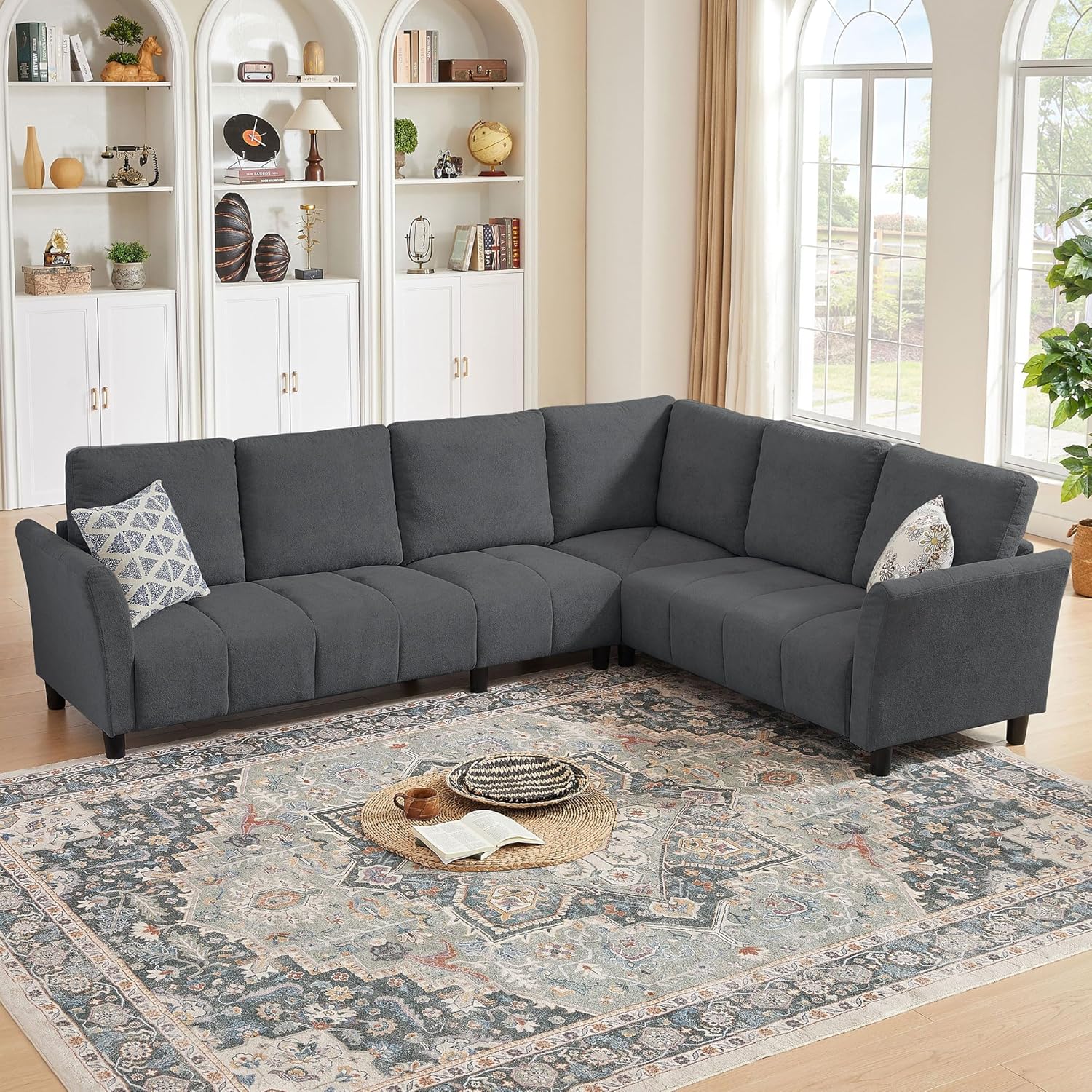 102" Convertible Sectional Sofa Couch, L Shaped Couch with Back Cushions, Modern Upholstered 6-Seat Reversible Sofa Set for Living Room, Apartment, Office, Dark Grey
