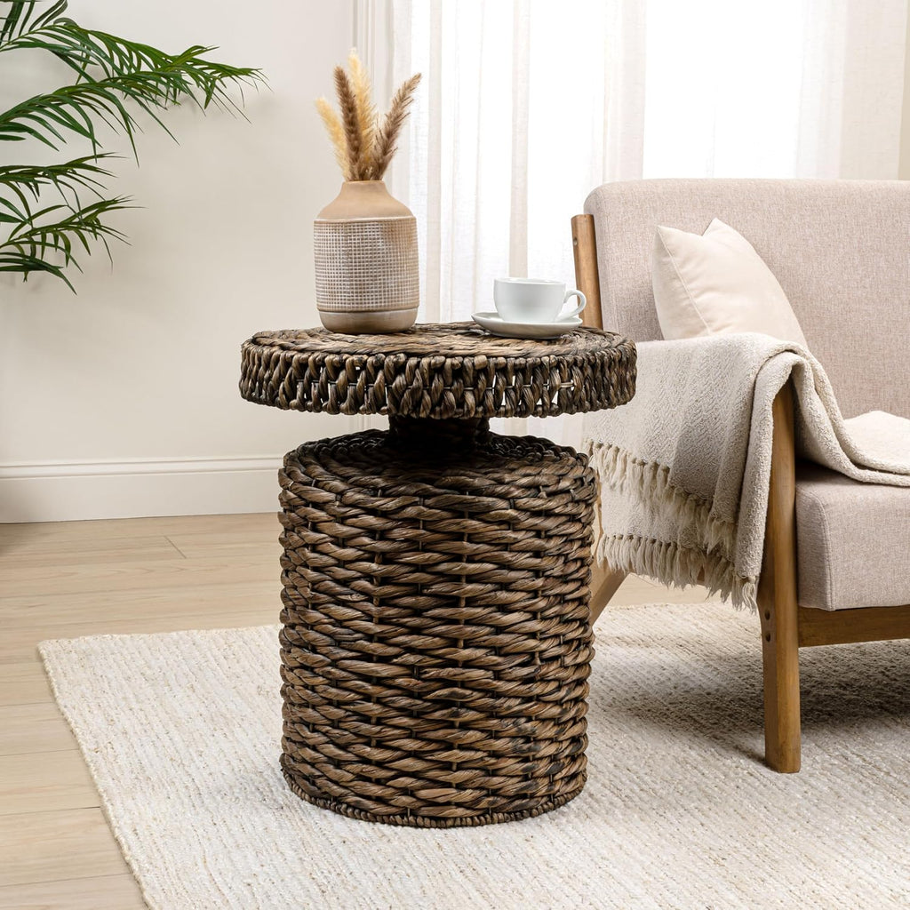 JONATHAN Y Marisol Round Brown Woven Water Hyacinth Side Table with Iron Frame, 24" Pedestal End Table for Living Room, Coastal Bohemian Accent Nightstand TBL2504B