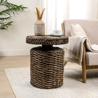 JONATHAN Y Marisol Round Brown Woven Water Hyacinth Side Table with Iron Frame, 24" Pedestal End Table for Living Room, Coastal Bohemian Accent Nightstand TBL2504B