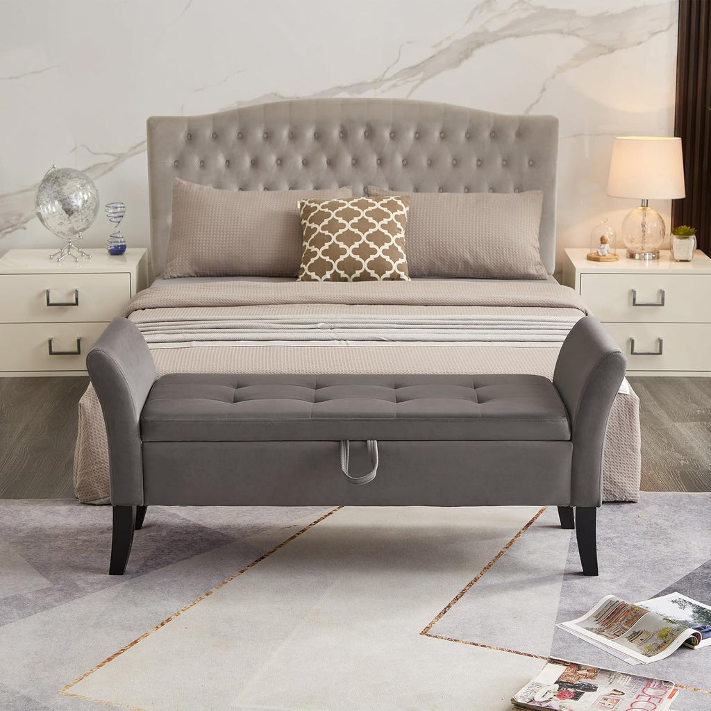 51.5" Velvet Storage Bench, Upholstered Button Tufted Design, Bedside Bench with Armrests, Secure Hinged Storage Space, Suitable for Bedroom Living Room (Grey)