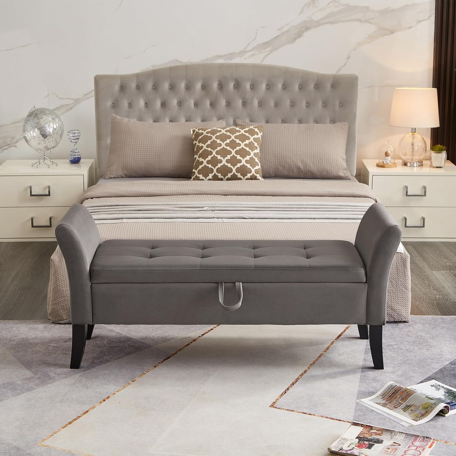 51.5" Velvet Storage Bench, Upholstered Button Tufted Design, Bedside Bench with Armrests, Secure Hinged Storage Space, Suitable for Bedroom Living Room (Grey)