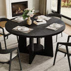Black Round Dining Table for 4-6, 47 Inch Black Kitchen Table with Storage Shelf & Wood Pedestal Base, Modern Circle Dining Room Table for Small Apartment, Home Office, Living Room