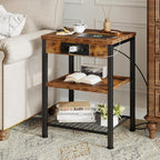 DUMOS 15.7" Small Side Table with Charging Station, End Table with Outlets & USB Ports, 3-Tier Adjustable Storage Nightstand for Living Room, Bedroom, Small Spaces, Record Player Stand, Rustic Brown