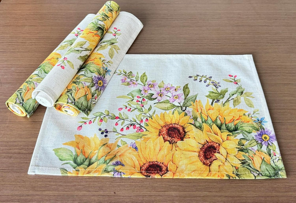 Sunflower Placemats Set of 4, 18"x13" Linen Look Farmhouse Placemats, Washable Heat Resistant Table Placemats for Kitchen, Dining Room, Outdoor Patio