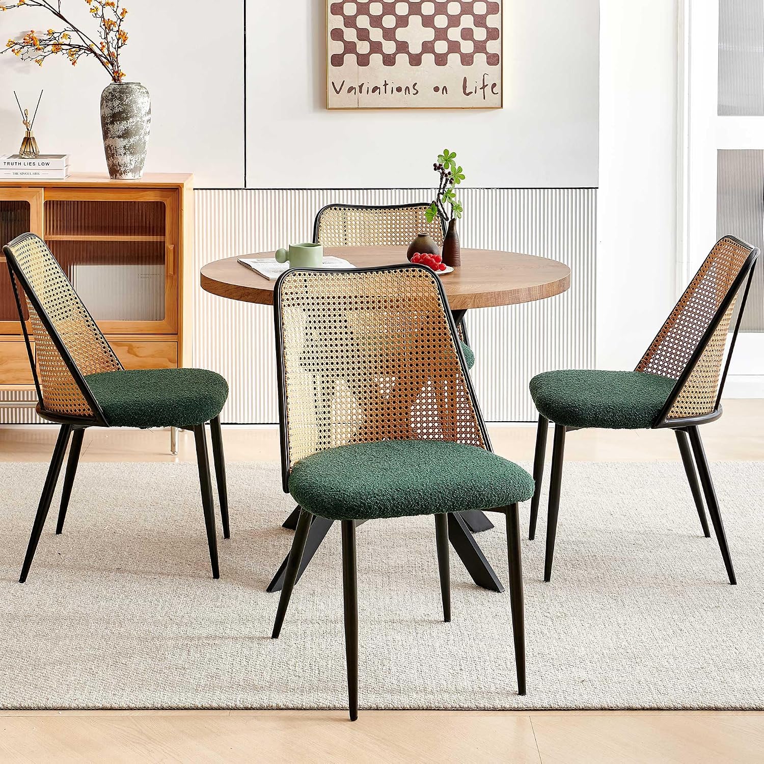 NORDICANA Dining Table Set for 4, Wooden Round Table and Wicker Chairs, 5-Piece Modern Kitchen Dinette Set for Breakfast Nook, Green Boucle Seat