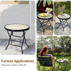 Foldable Patio Side Tables, 17.7" Small End Table Outdoor Weatherproof, Round Glass Top Outside Folding Table for Poolside, Balcony, Yard, Porch（Yellow）