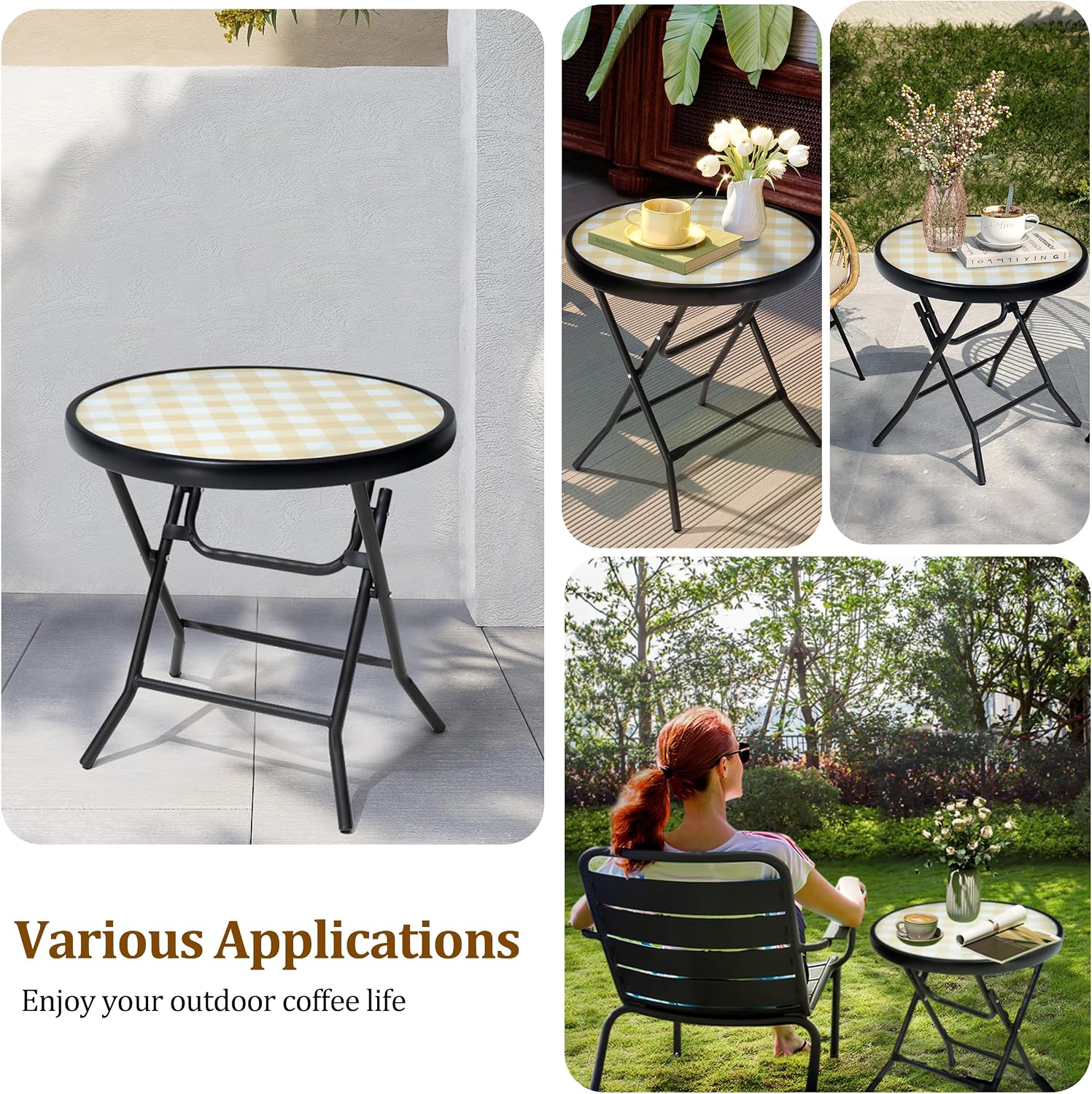 Foldable Patio Side Tables, 17.7" Small End Table Outdoor Weatherproof, Round Glass Top Outside Folding Table for Poolside, Balcony, Yard, Porch（Yellow）