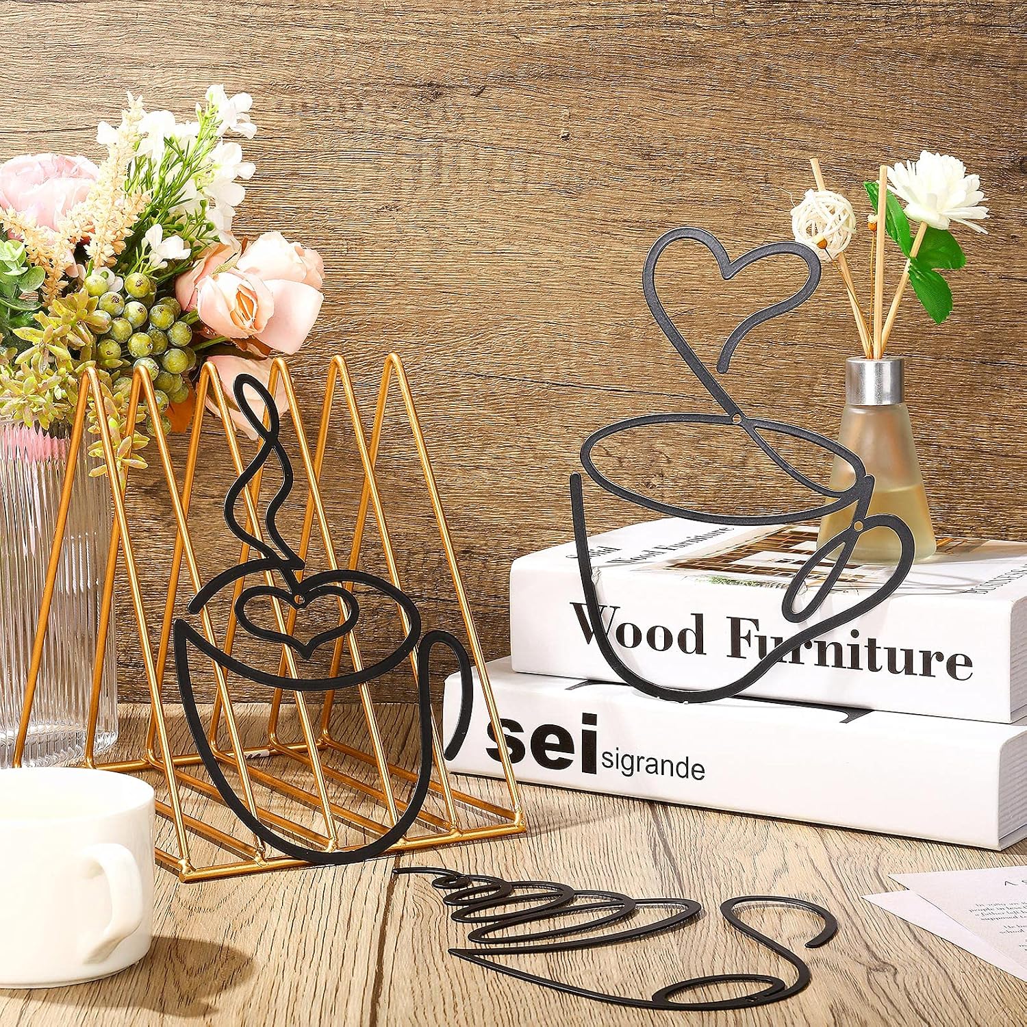 Ferraycle 3 Pieces Coffee Cup Metal Wall Art Wire Coffee Bar Hanging Decor Cafe Themed Vintage Rustic Metal Sign for Kitchen Restaurant Shop Home Office Accessories