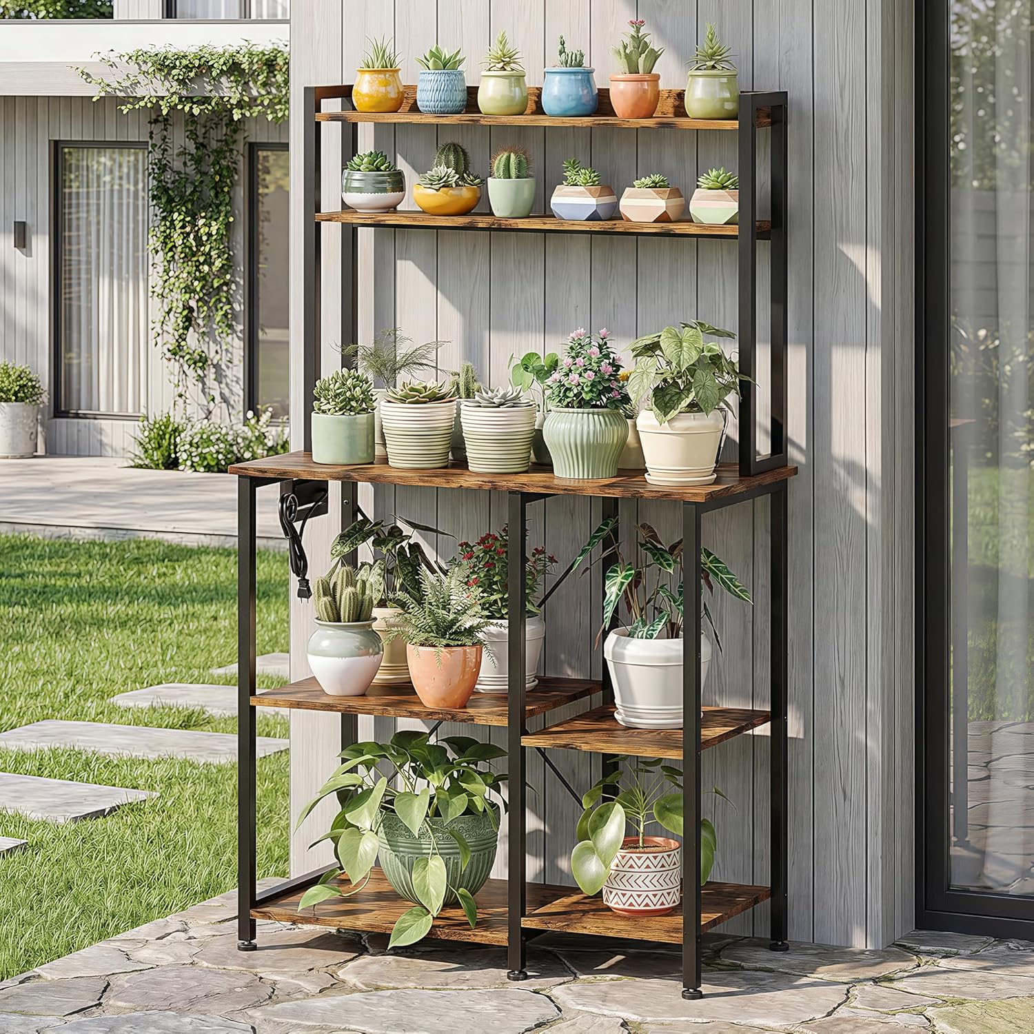 Einhomn Bakers Rack with Power Outlet, 35.4'' Coffee Bar with Wire Basket, Microwave Stand with Storage and Adjustable Feet, Versatile Kitchen Shelves for Pantry, Home Organization, Rustic Brown