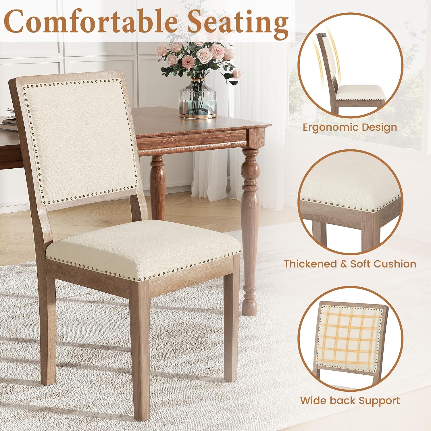 Dining Chair Set of 6, Mid Century Modern Upholstered Dining Room Chairs, Fabric High Back Kitchen Chairs with Nailhead Trim and Wood Legs for Living Room Kitchen Restaurant, Beige