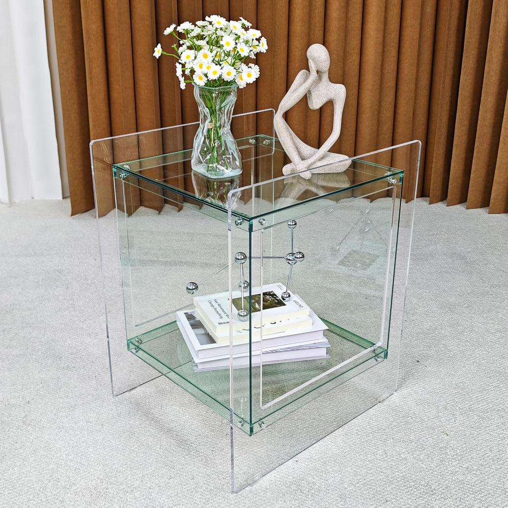 Acrylic End Table Light-Green: 2 Tier Clear Accent Desk Small Nightstand Set