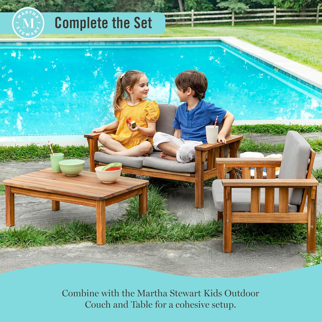 Martha Stewart Kids Outdoor Chair: Natural Acacia Wood Chair for Kids w/Gray Polyester Cushions, 10" Seat Height | Montessori Furniture for Backyard, Patio, and Outdoor Play & Learning Environments