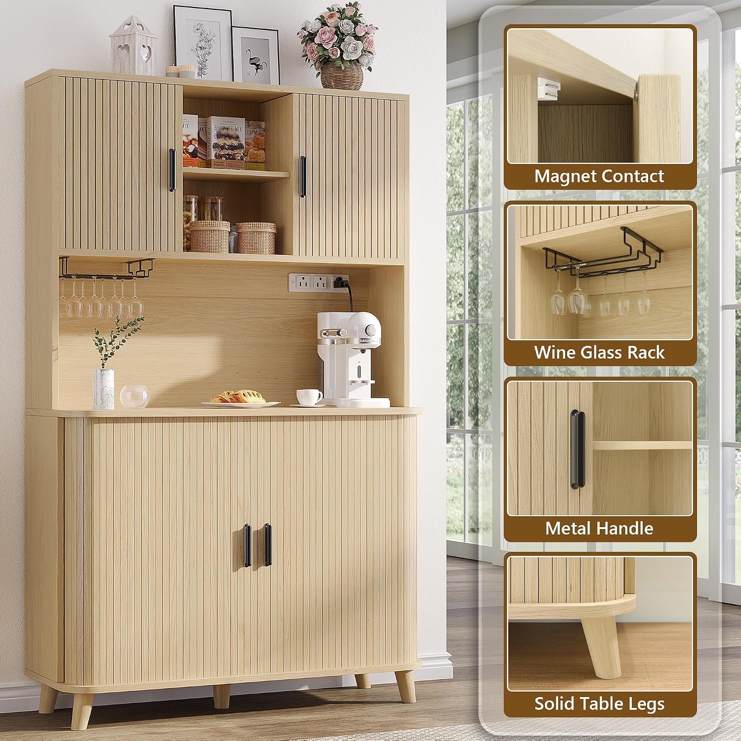 71'' Modern Kitchen Pantry Cabinet with Sliding Tambour Doors& Adjustable Shelves, Built-in Power Outlet, Food Storage Cabinet (Wood Color)