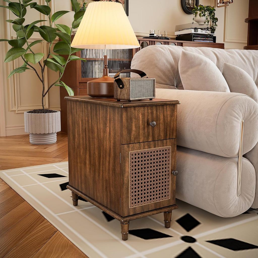 Solid Wood Rattan Narrow End Table, Narrow Nightstand with Drawer and Storage Tier Vintage Walnut Rattan Side Table Compact Bedside Table for Corner Small Space Bedroom, 22" Dx11.8 Wx22.8 H