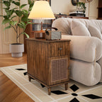 Solid Wood Rattan Narrow End Table, Narrow Nightstand with Drawer and Storage Tier Vintage Walnut Rattan Side Table Compact Bedside Table for Corner Small Space Bedroom, 22" Dx11.8 Wx22.8 H