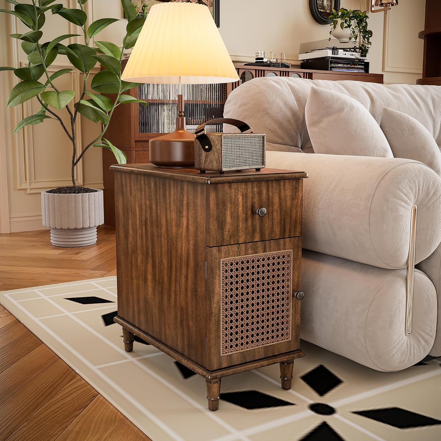 Solid Wood Rattan Narrow End Table, Narrow Nightstand with Drawer and Storage Tier Vintage Walnut Rattan Side Table Compact Bedside Table for Corner Small Space Bedroom, 22" Dx11.8 Wx22.8 H