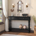 Console Table with 2 Drawers & Open Shelf, Black Retro Entryway Table with Storage Cabinets, Narrow Long Couch Table Behind Sofa for Living Room, Foyer, Hallway
