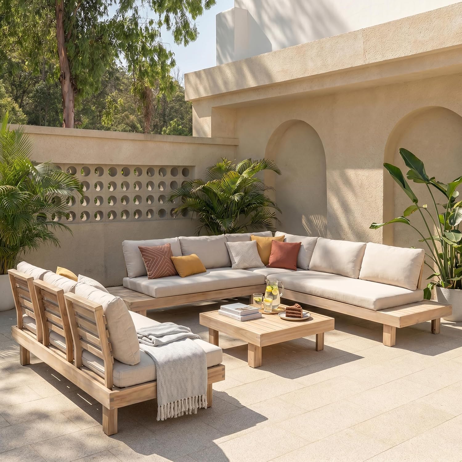 Merax 5 Piece Paito 8-Seaters Conversation Set, All-Weather Acacia Wood L-Shaped Sofa with Side Tables and 3-Seater Sofa Bed with Cushions,Outdoor Sectional Couch Set for Backyard, Light White+Sand