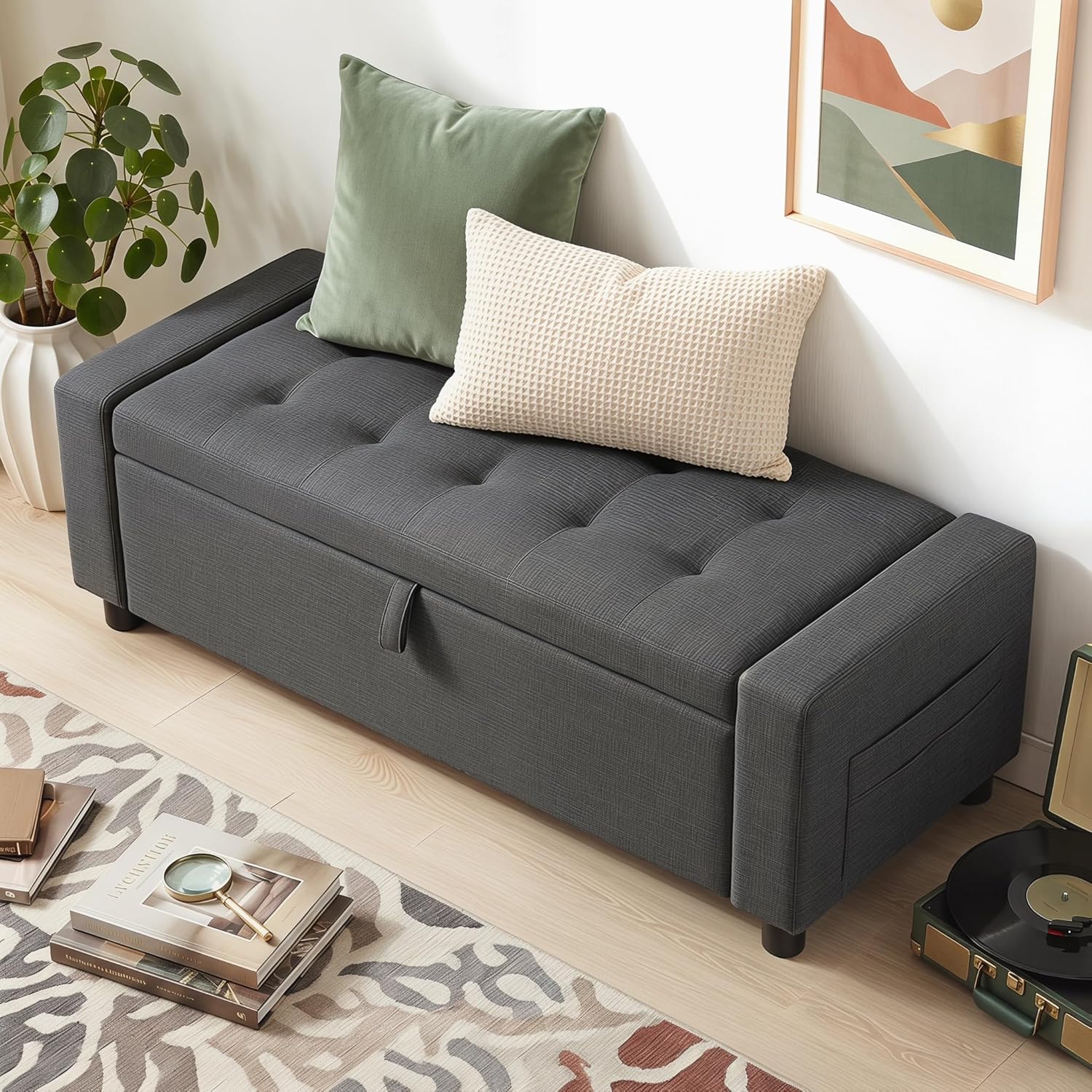 Marsail Upholstered Bench Rectangle Ottoman with Storage Bench for Bedroom End of Bed, Tufted Ottoman with Cushion, Modern Benches for Foot of Bed, Living Room, Entryway, Grey