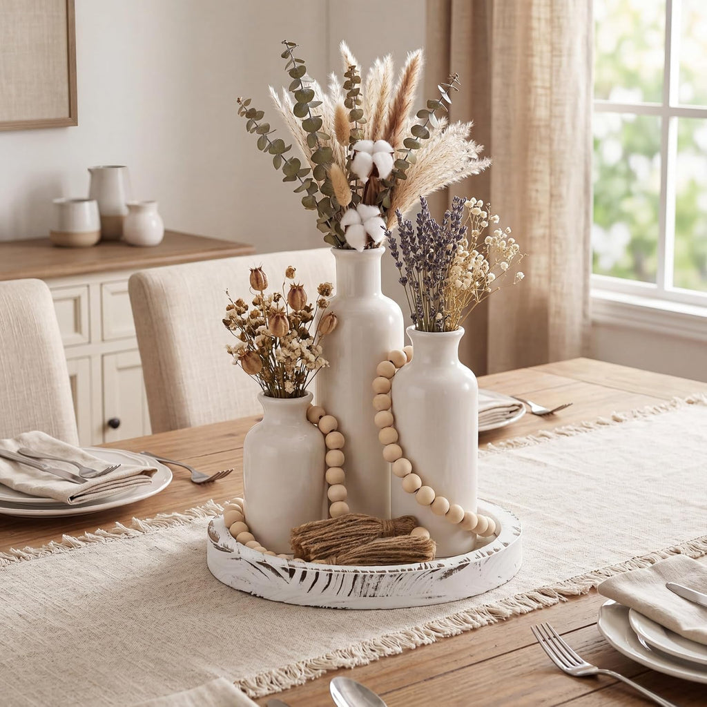 5 Pcs Rustic Country Tabletop Centerpieces Decor Set of 3 Boho Ceramic Vases with Wooden Serving Tray Wood Bead Garland Tassels Table Holder for Home Decorations(White)