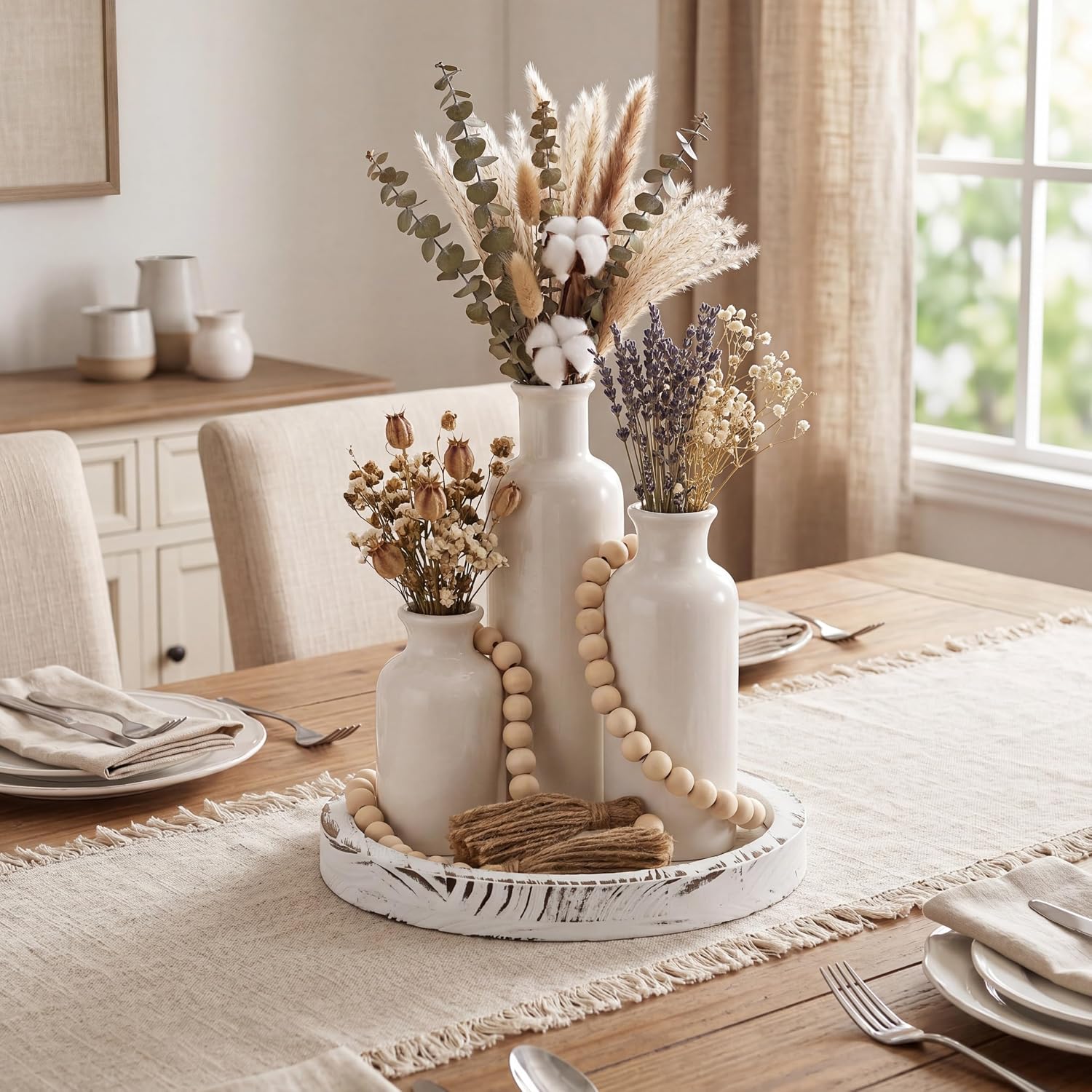 5 Pcs Rustic Country Tabletop Centerpieces Decor Set of 3 Boho Ceramic Vases with Wooden Serving Tray Wood Bead Garland Tassels Table Holder for Home Decorations(White)