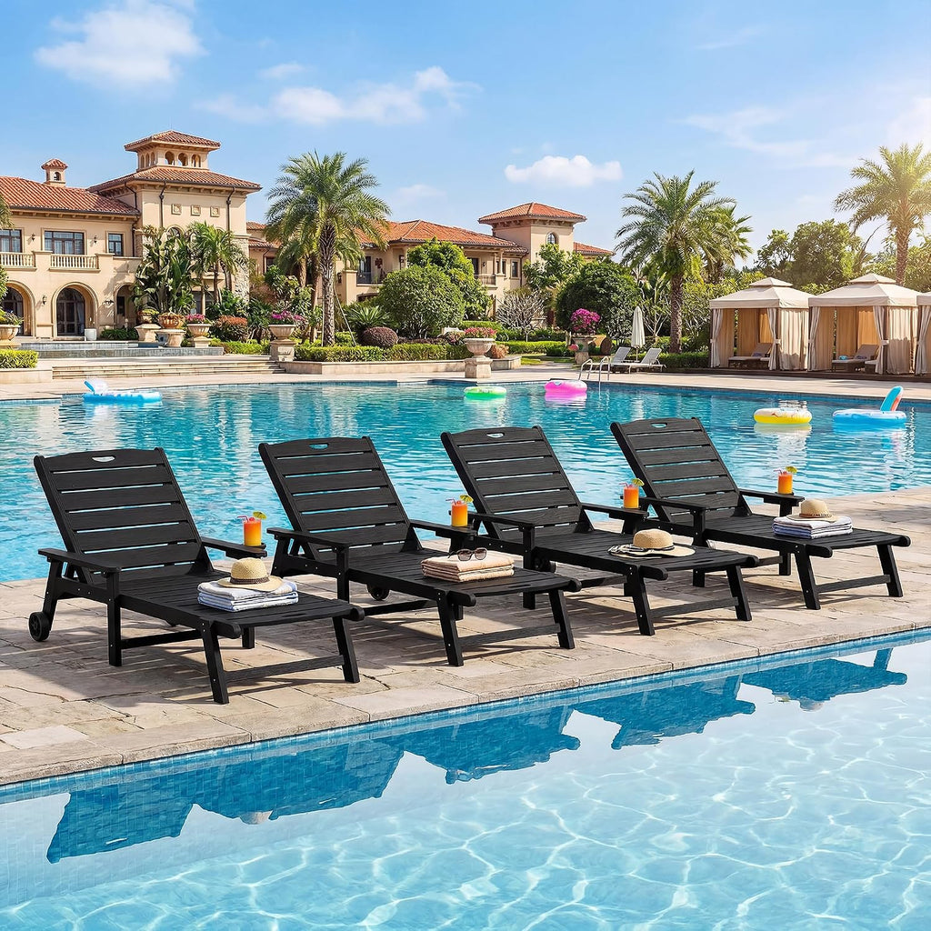 Outdoor Lounge Chair Set of 4 with 5-Position Adjustable, Outside Lounge Chair with Cup Holder, Wheels for Easy Mobility, HDPE Tanning Chair for Poolside, Patio, Black