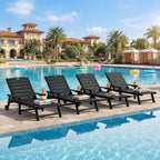 Outdoor Lounge Chair Set of 4 with 5-Position Adjustable, Outside Lounge Chair with Cup Holder, Wheels for Easy Mobility, HDPE Tanning Chair for Poolside, Patio, Black