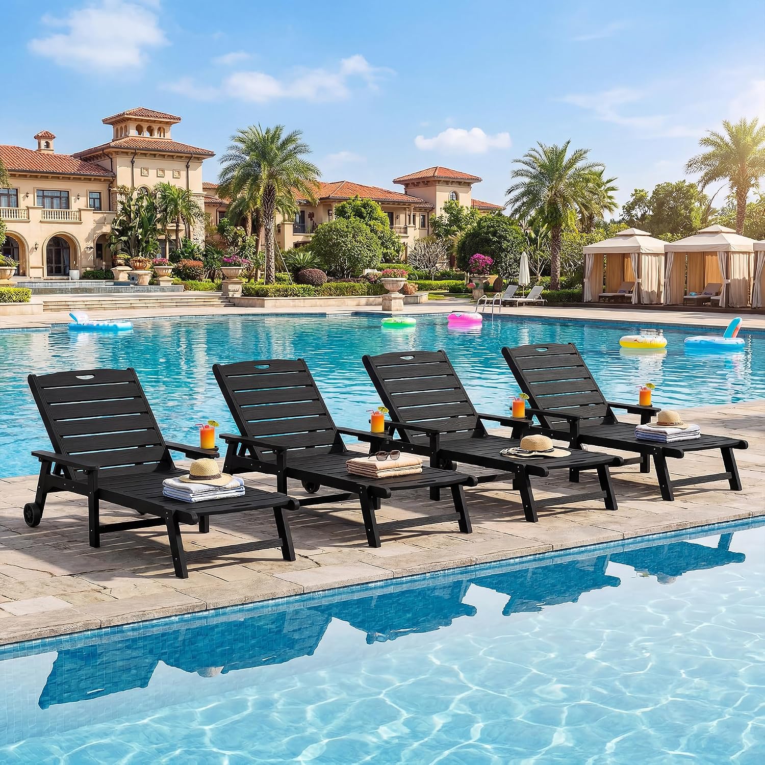 Outdoor Lounge Chair Set of 4 with 5-Position Adjustable, Outside Lounge Chair with Cup Holder, Wheels for Easy Mobility, HDPE Tanning Chair for Poolside, Patio, Black