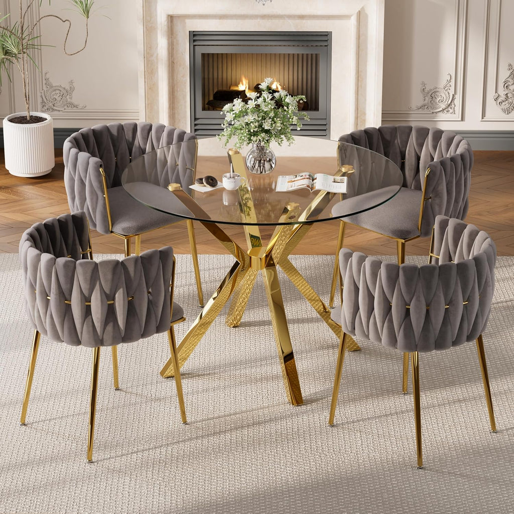 Baysitone Modern 5-Piece Dining Set with 36" Round Glass Table & 4 Woven Velvet Upholstered Dining Chairs, Gold Metal Table Legs, Kitchen & Dining Room Furniture for Small Spaces(Gray&Gold)