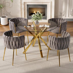 Baysitone Modern 5-Piece Dining Set with 36" Round Glass Table & 4 Woven Velvet Upholstered Dining Chairs, Gold Metal Table Legs, Kitchen & Dining Room Furniture for Small Spaces(Gray&Gold)