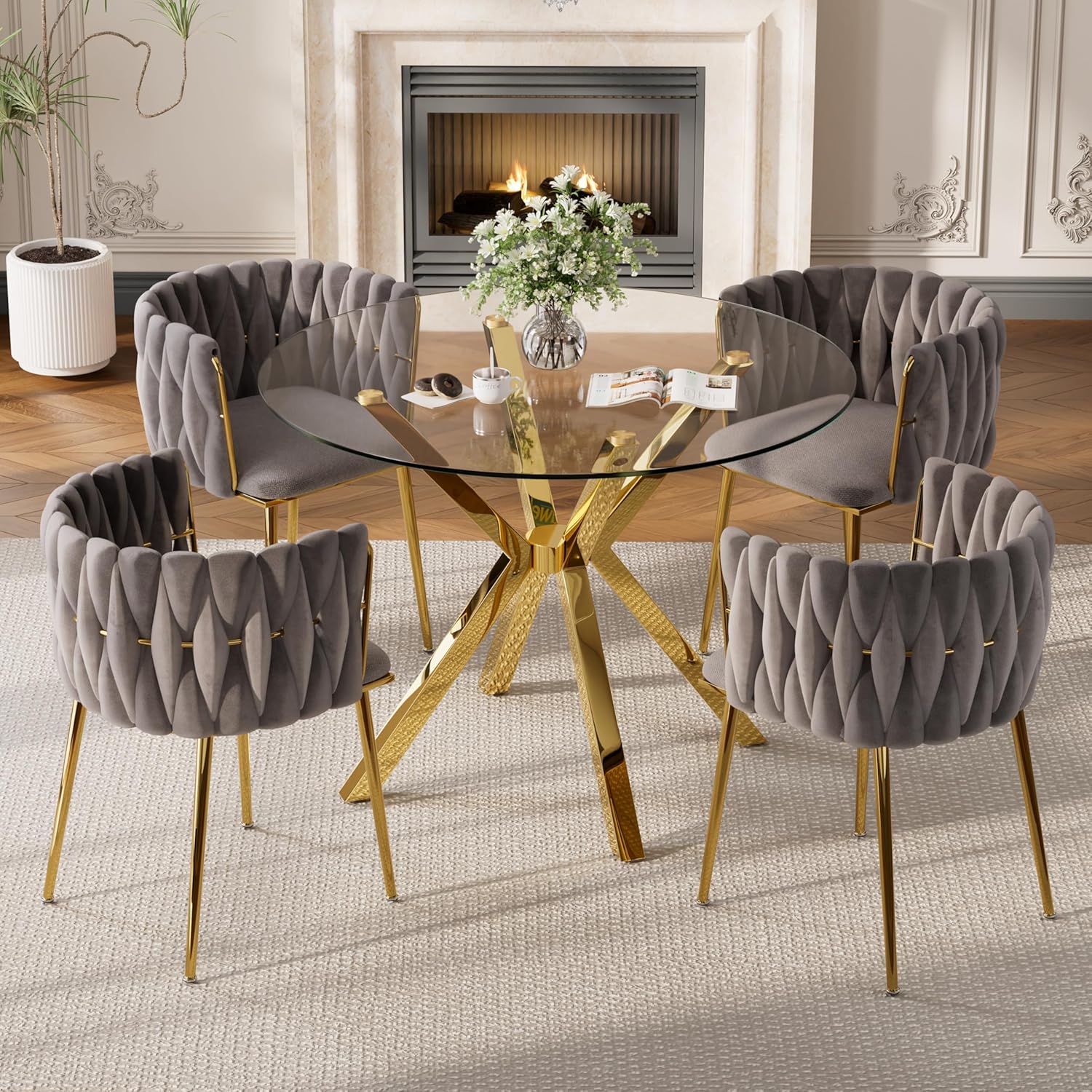 Baysitone Modern 5-Piece Dining Set with 36" Round Glass Table & 4 Woven Velvet Upholstered Dining Chairs, Gold Metal Table Legs, Kitchen & Dining Room Furniture for Small Spaces(Gray&Gold)