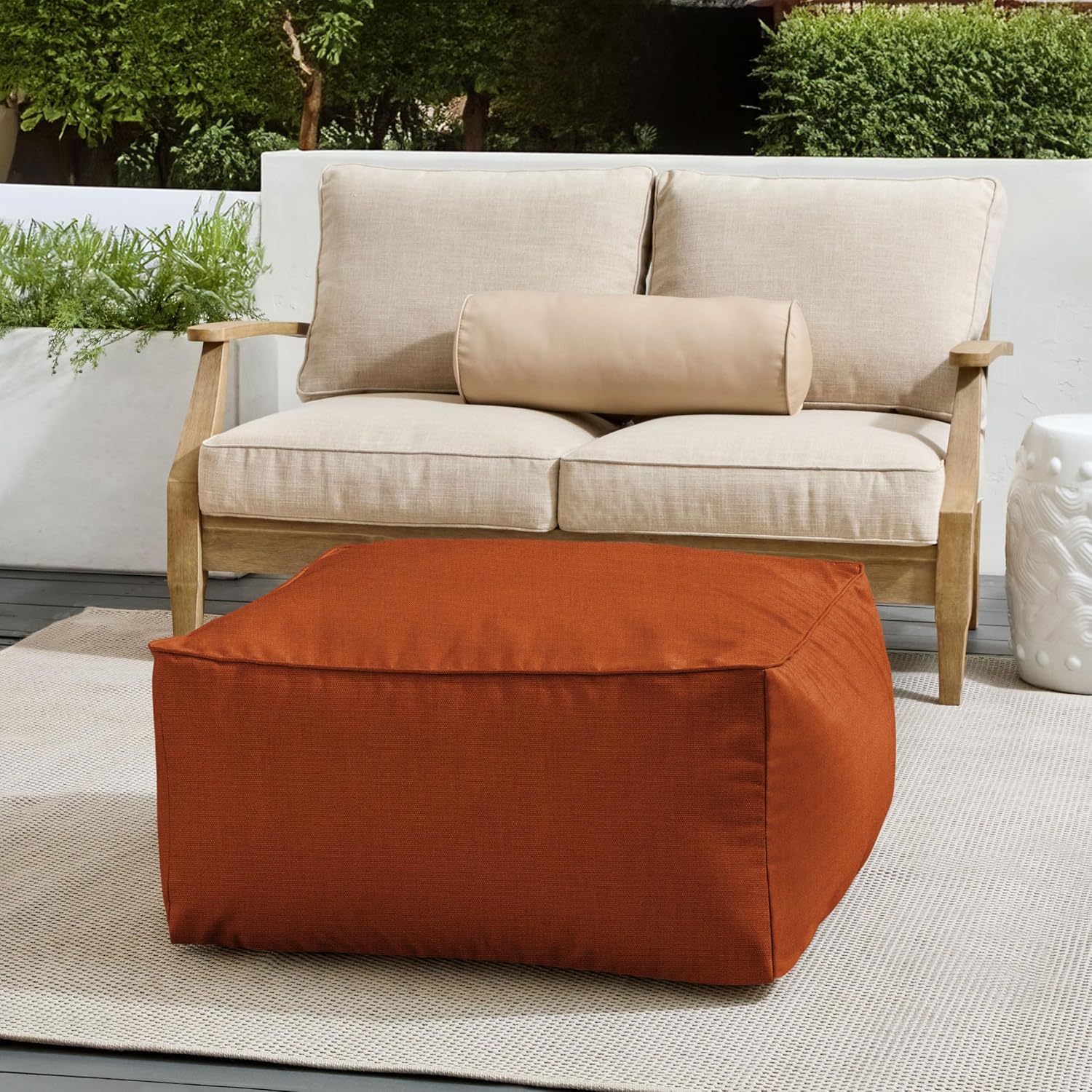 Sorra Home Sunbrella Corded Pouf Cushion - Square, Outdoor Stuffed Plush Ottoman & Foot Rest Stool - Balcony, Patio, Poolside Furniture Accessory - Canvas Rust (30" x 30" x 15")