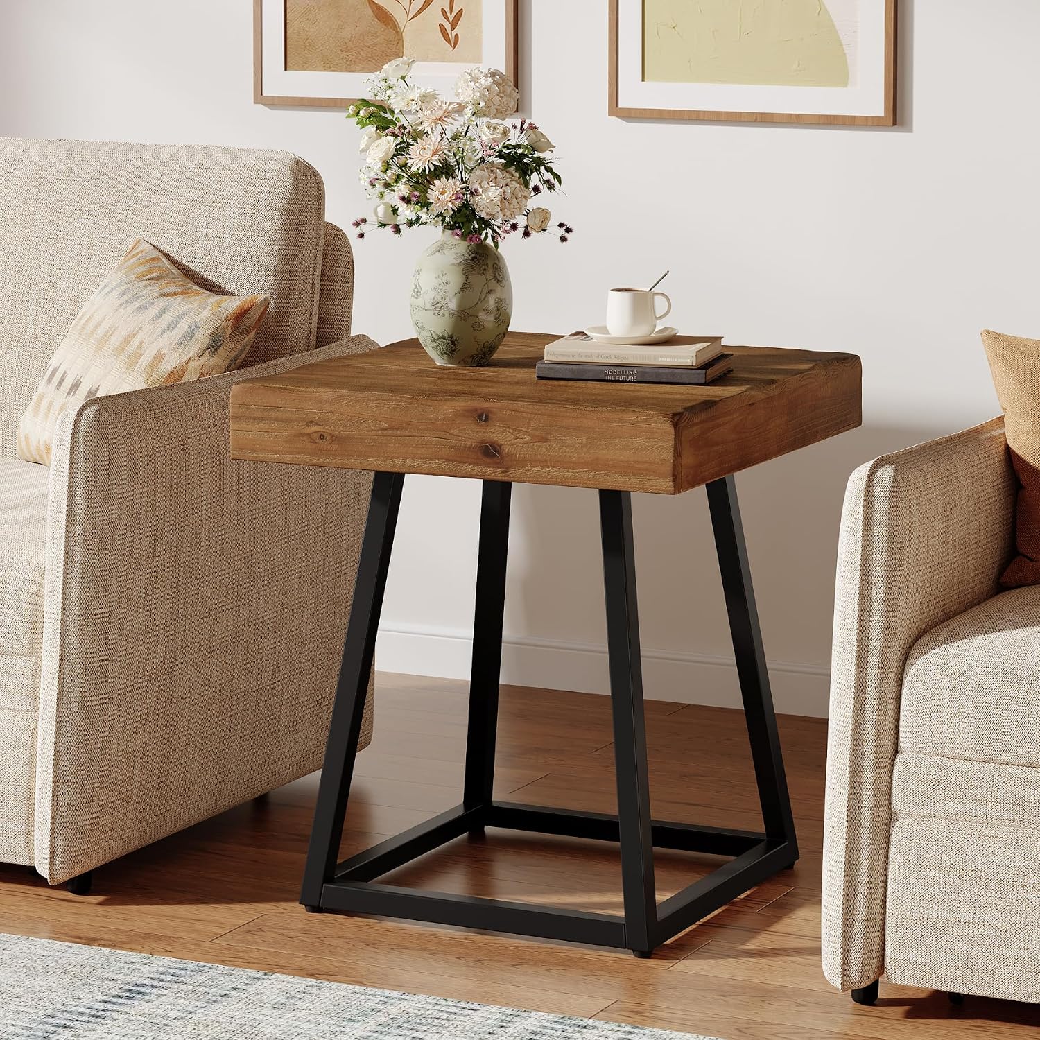 2pcs Solid Wood End Table, 19.7" Square Side Table with Metal Frame, Industrial Nightstand for Living Room, Bedroom, Small Spaces