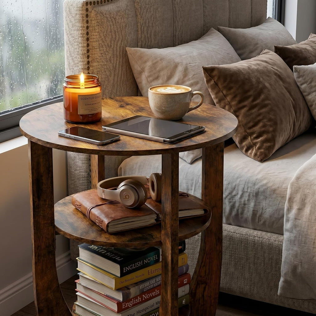 Round Side Table, 3-Tier End Table with Storage, 19.7 inch Rustic Brown Accent Table,Nightstand for Bedroom Living Room, Vintage Design for Couch, Sofa, Recliner, Small Space