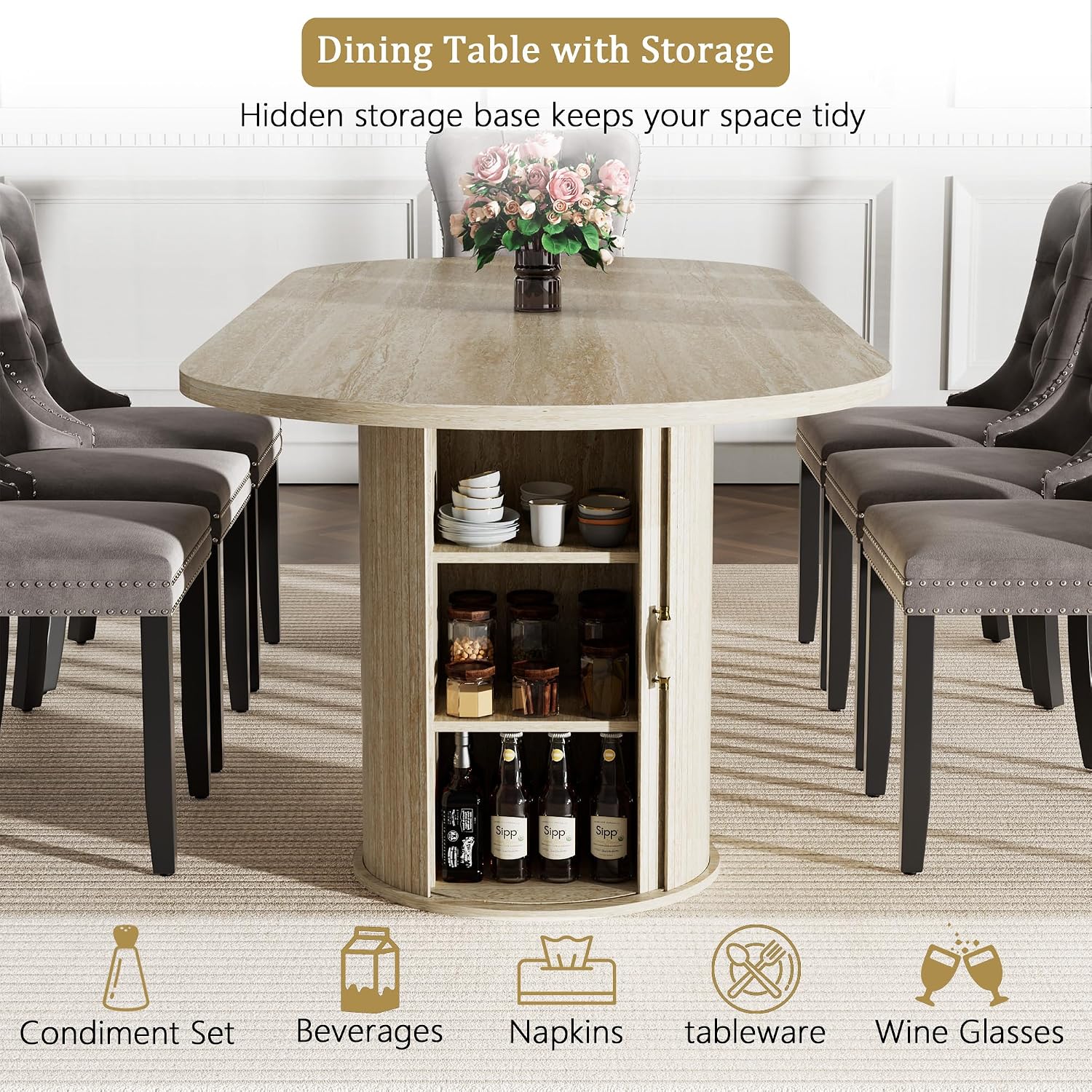 63"-94" Large Oval Extendable Dining Table for 6 8 10, Faux Travertine Expandable Kitchen Table with 2 Storage Base & Sliding Doors, Modern Farmhouse Dining Table for Dinner Party Family Gathering