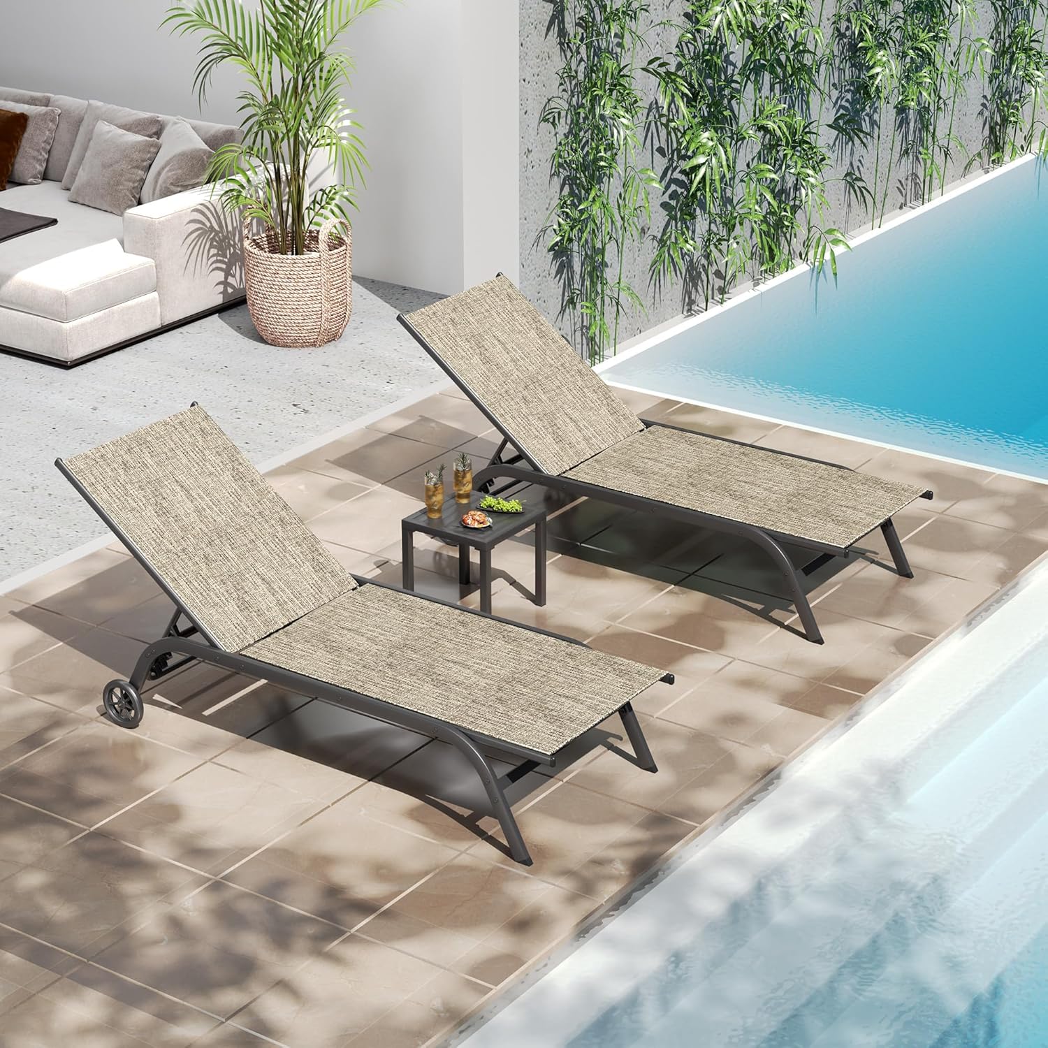 UDPATIO Aluminum Patio Lounge Chairs Set of 2 for Outside with Coffee Table Poolside Chaise Chair with Cushion for Sunbathing 5 Adjustable Position Backrest Outdoor Lounger with Wheels