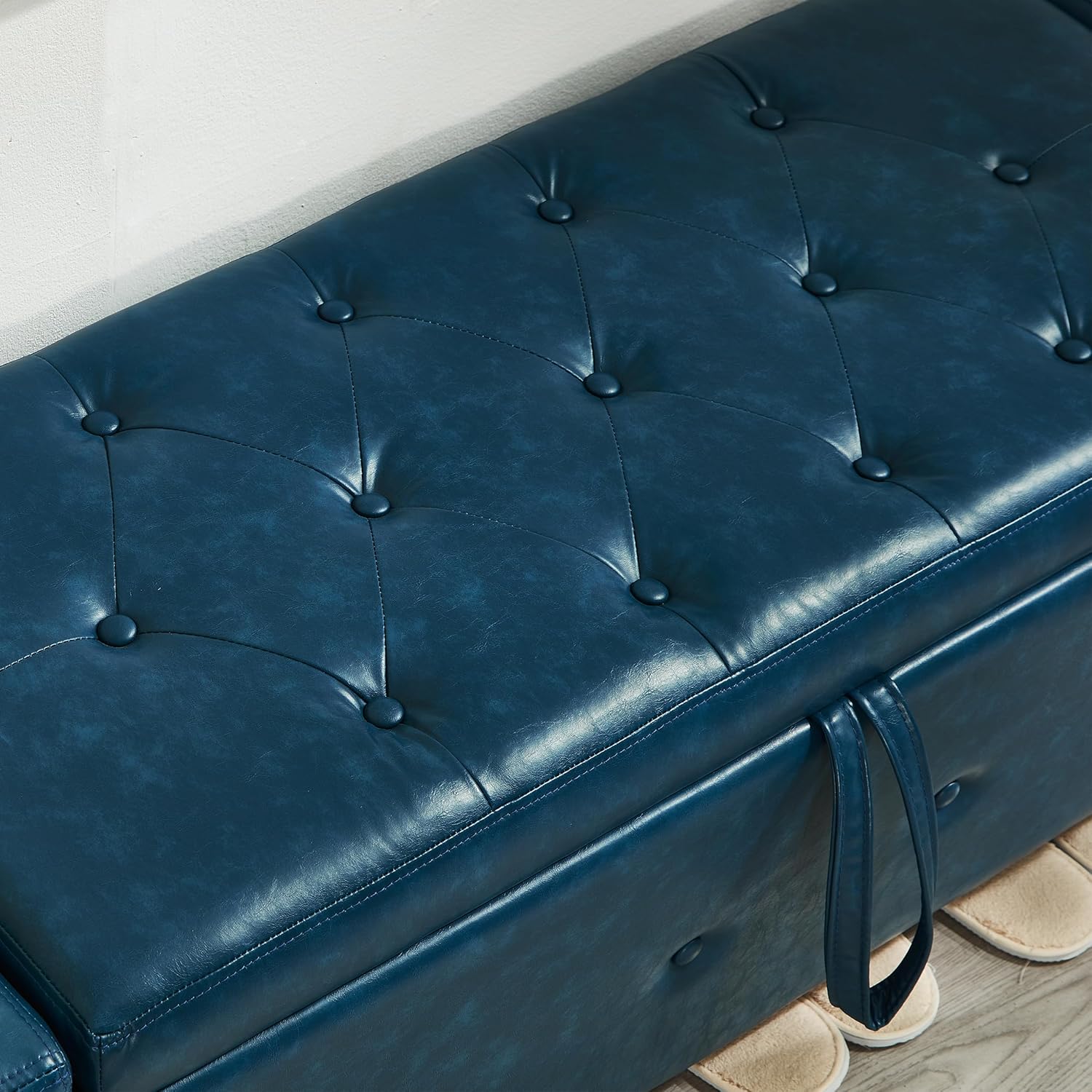 Betoko PU Leather Ottoman Bench with Storage,48" Mid Century Modern Storage Bed Bench for Bedroom,Button Tufted Ottoman Benches with Seating for Living Room,Entryway,Window (PU Blue)