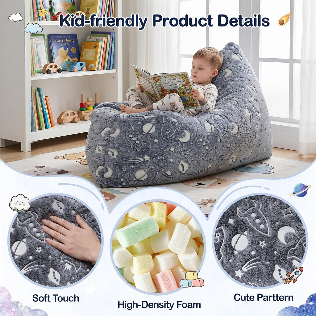 BRINJOY Kids Bean Bag Chair Bed, 3 in 1 Memory Foam Filled Bean Bag Sofa with Removable Cover for Playroom Daycare Bedroom, Toddlers Lazy Floor Mattress Lounger for Boys Girls, Spaceship