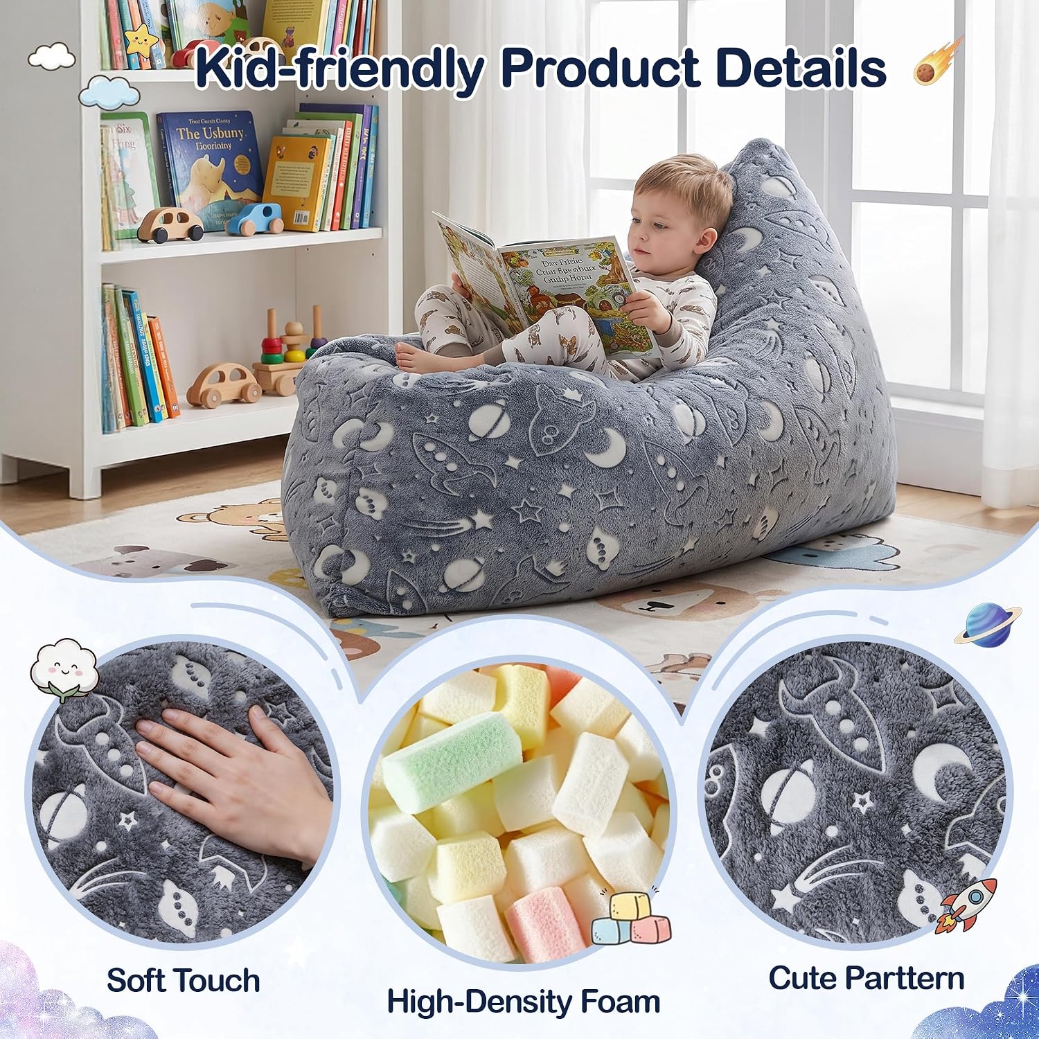 BRINJOY Kids Bean Bag Chair Bed, 3 in 1 Memory Foam Filled Bean Bag Sofa with Removable Cover for Playroom Daycare Bedroom, Toddlers Lazy Floor Mattress Lounger for Boys Girls, Spaceship