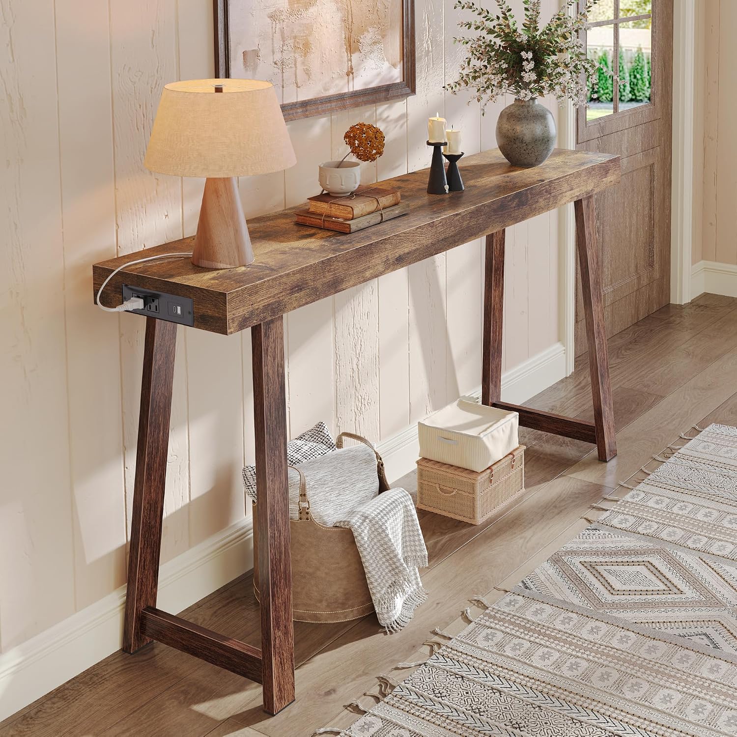Huuger Entryway Console Table with Charging Station, USB-C Port, 53.9 Inch Sofa Table with Metal Legs, Entry Hallway Table with Thicker Desktop, Modern Behind Couch Table, Rustic Brown
