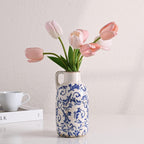 VICTOR & TERESA Blue and White Ceramic Vase for Flowers, Rustic Vase Home Decor for Pampas Grass, Farmhouse Decorative Vases for Mantel, Living Room, Shelf, Centerpieces, 7'', Gifts for Mom