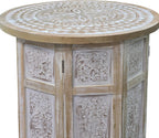 Benzara Accent Side Table, 18 Inch Round Mango Wood Top, Hand Carved Mandala Design, Natural Brown Finish, Rustic Accent End Table for Living Room, Bedroom, Entryway and Home Decor Display