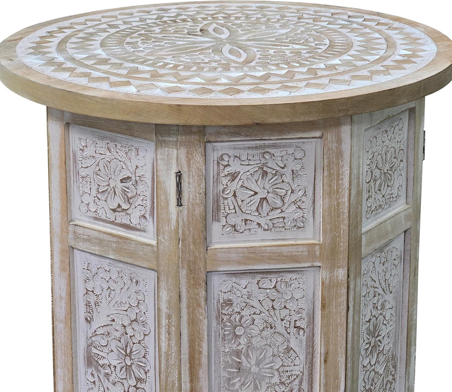 Benzara Accent Side Table, 18 Inch Round Mango Wood Top, Hand Carved Mandala Design, Natural Brown Finish, Rustic Accent End Table for Living Room, Bedroom, Entryway and Home Decor Display