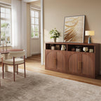 Fluted Buffet Cabinet with Storage, 63" Wide Wood Sideboard Credenza with 4 Doors & Open Storage Shelf, Modern Kitchen Entryway Accent Table for Dining Room Living Room, Kitchen, Hallway, Walnut