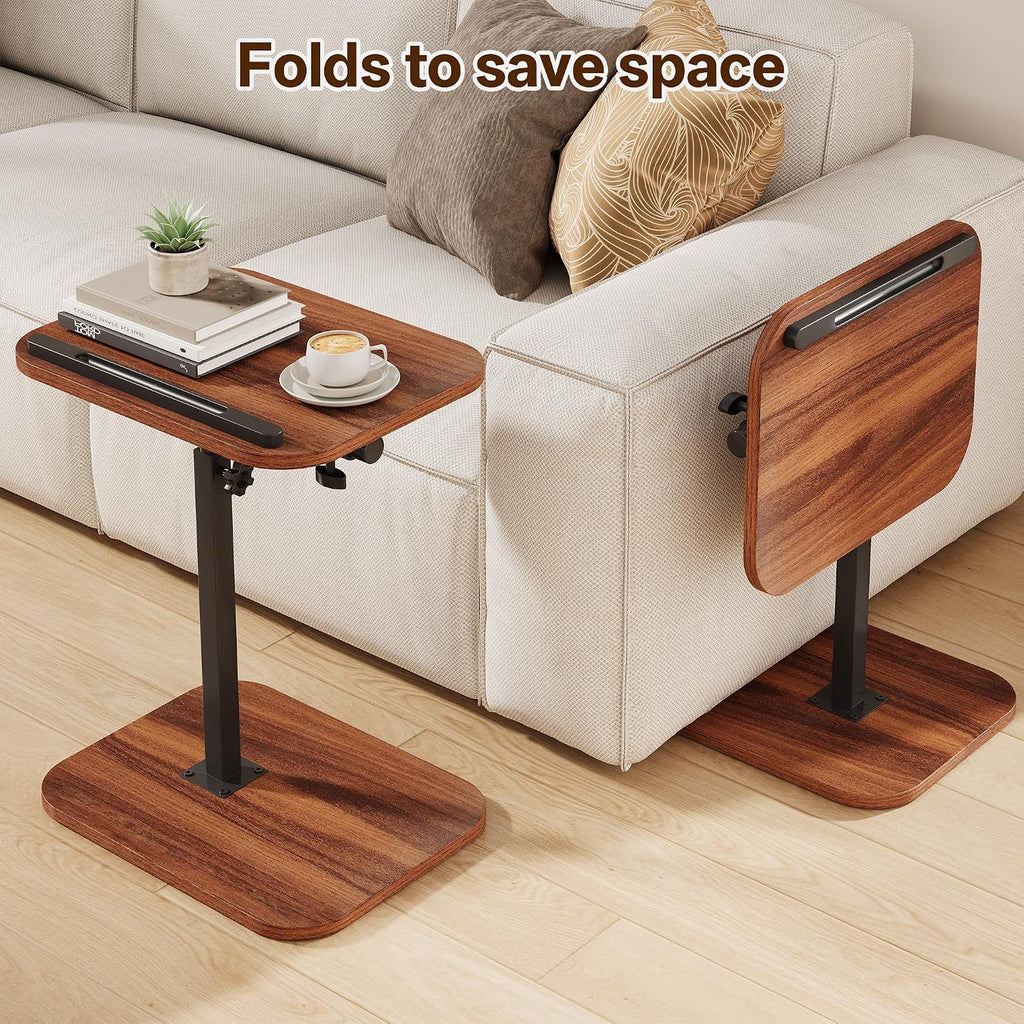 TV Tray Table, Adjustable Height, Flip-Top, Snack Side Table with 360° Swivel and 180° Tilt, C Shaped End Table for Couch, Sofa, Bed, Recliner, Walnut