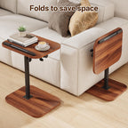 TV Tray Table, Adjustable Height, Flip-Top, Snack Side Table with 360° Swivel and 180° Tilt, C Shaped End Table for Couch, Sofa, Bed, Recliner, Walnut