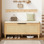 Keehusux 47.2" Rattan Storage Chest with Padded Seat Cushion, Extra Large Storage Bench with 2 Safety Hinges, Storage Trunk with Solid Wood Legs & Rounded Corners for Entryway, Bedroom, Natural Oak