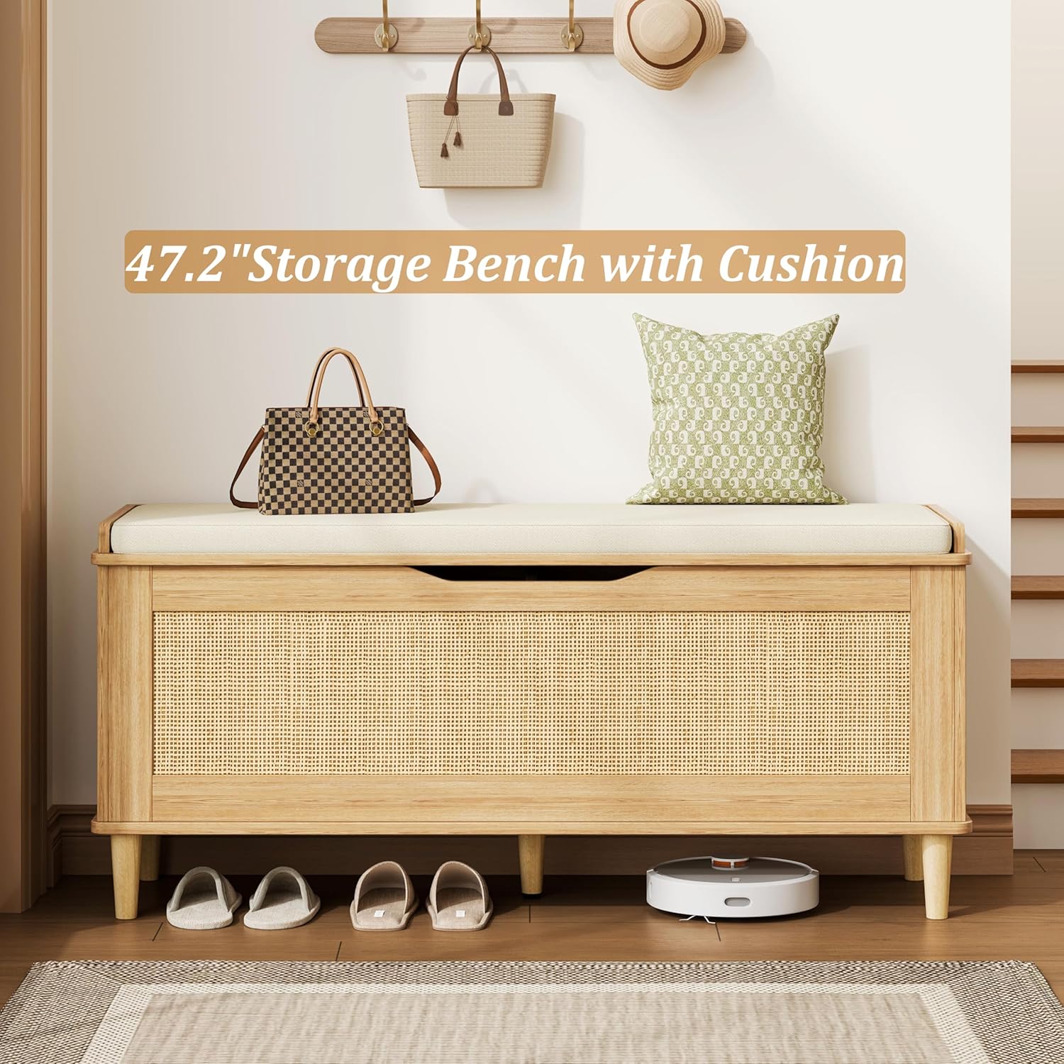 Keehusux 47.2" Rattan Storage Chest with Padded Seat Cushion, Extra Large Storage Bench with 2 Safety Hinges, Storage Trunk with Solid Wood Legs & Rounded Corners for Entryway, Bedroom, Natural Oak