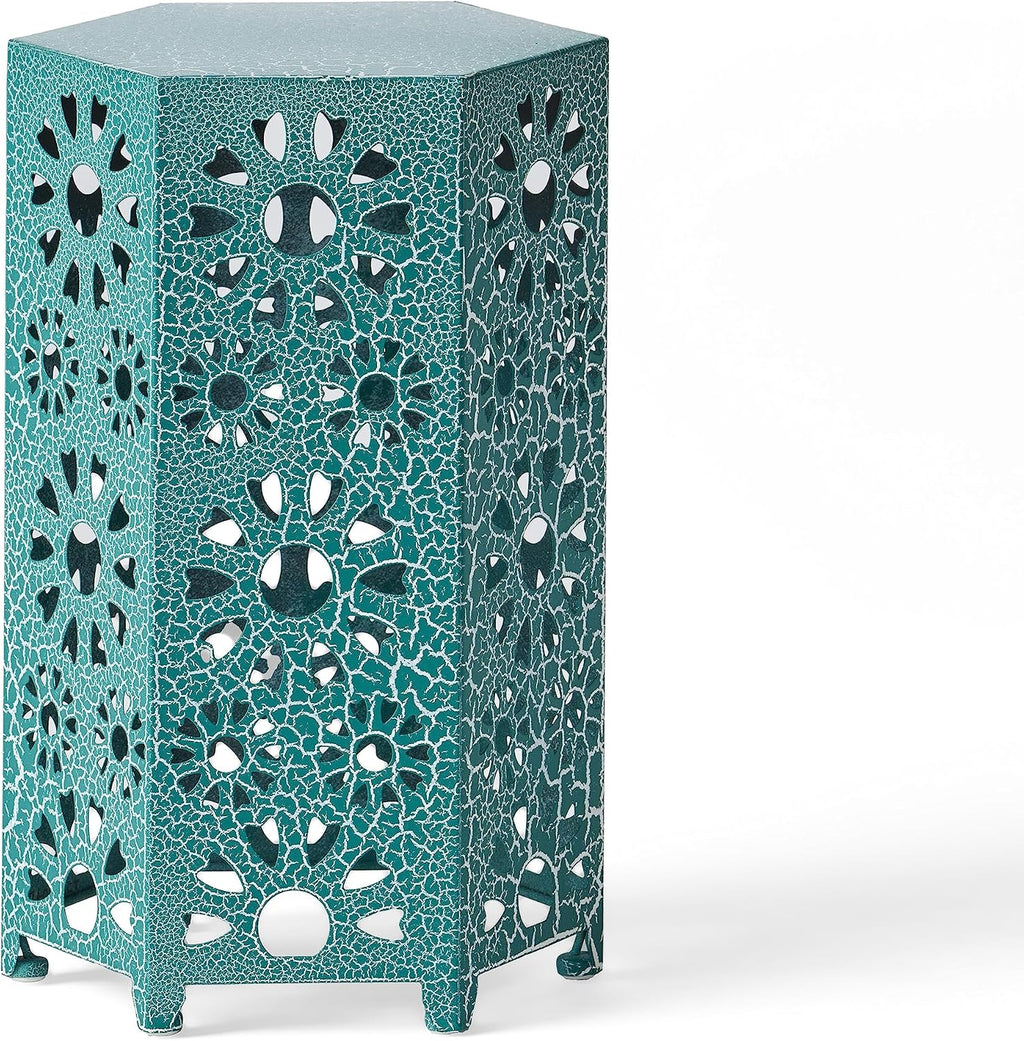 Eliana 12" Hexagonal Metal Side Table, Teal Crackle Finish Boho Accent Table with Cutout Floral Design, Sturdy Iron End Table for Living Room Bedroom Patio Decor